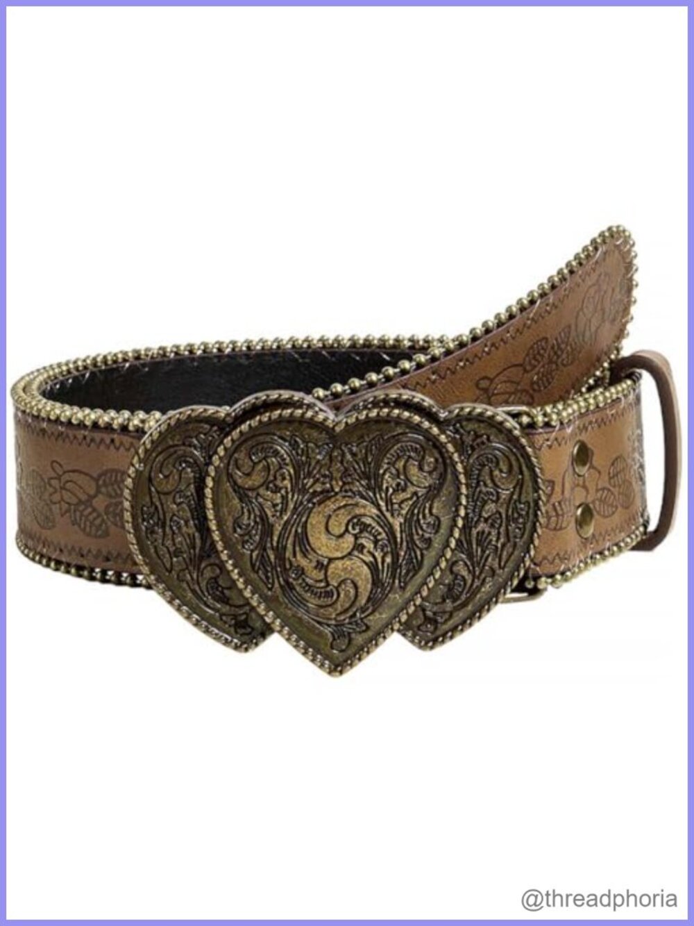 Western Leather Belt Metal Heart Buckle Embossed Cowgirl Cowboy Jeans Belt